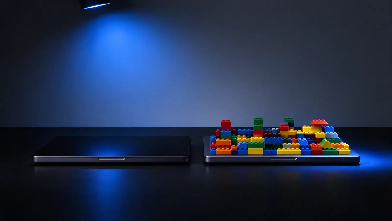 Two closed laptops side by side on a dark table, one plain and the other covered in colorful building blocks, under blue light