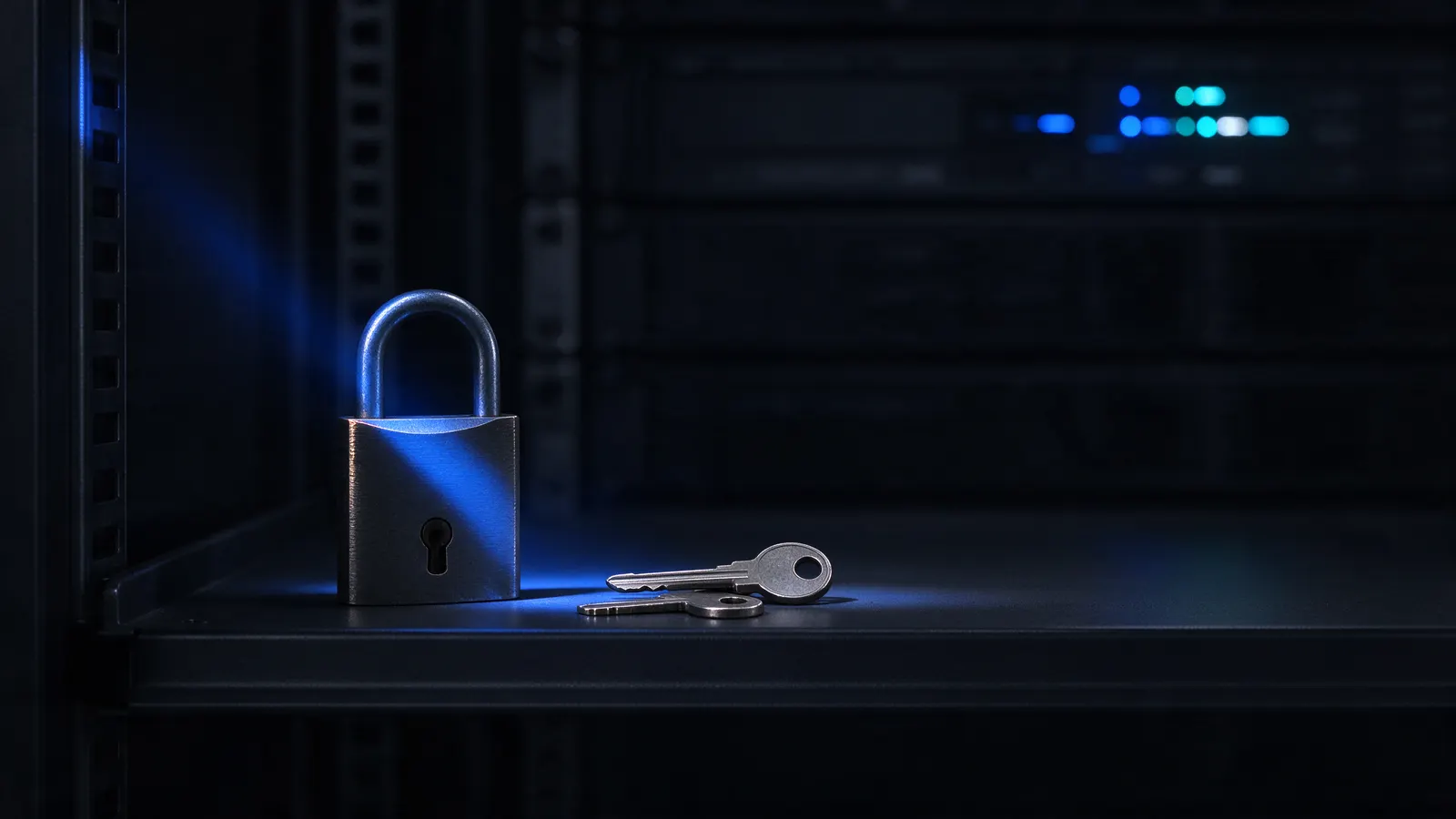 Cadeado de metal e duas chaves sobre a prateleira de um rack de servidores escuro, iluminados por uma luz azul lateral