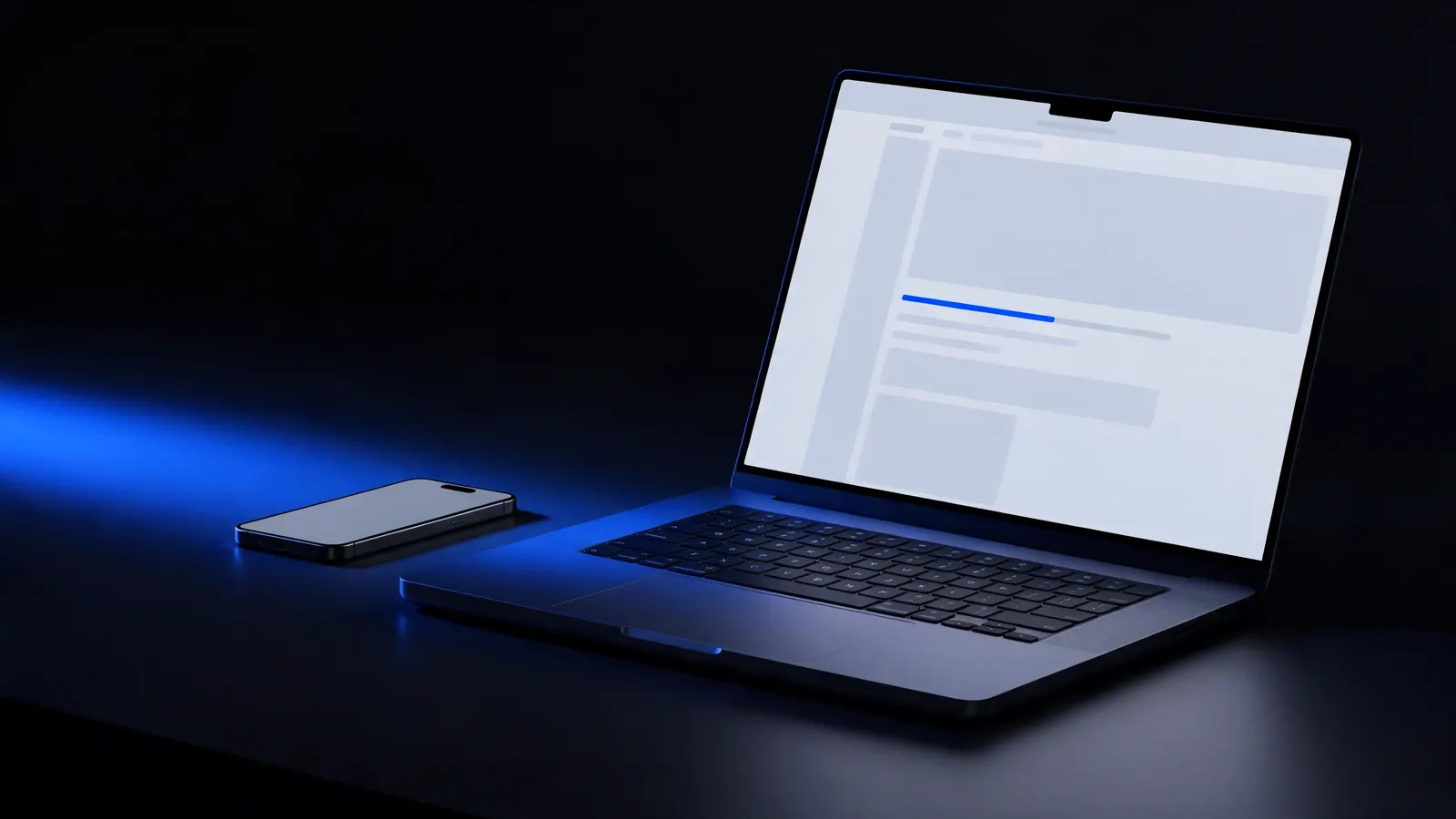 Notebook aberto sobre uma mesa escura mostrando uma página em branco com uma barra de carregamento azul parada no meio, e um celular apagado ao lado