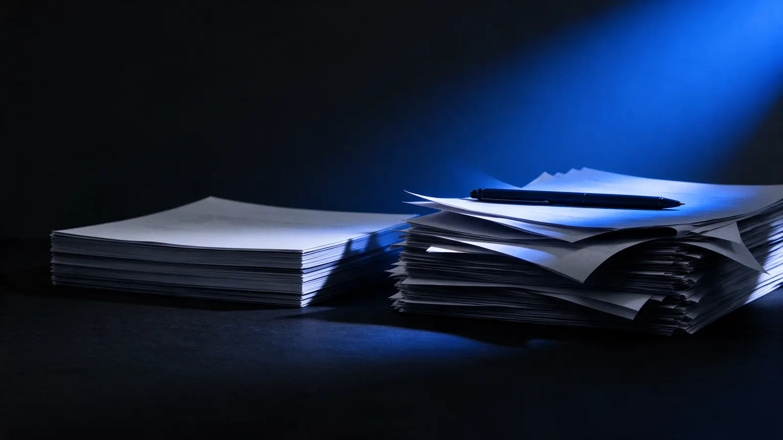 Dos pilas de papeles sobre una mesa oscura, una con un bolígrafo encima, iluminadas por un haz de luz azul