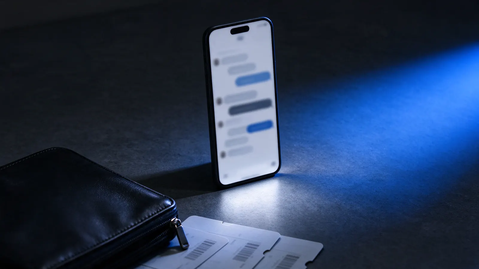 Celular em pé sobre uma mesa escura com uma conversa desfocada na tela, ao lado de uma bolsa de couro e cartões de embarque, sob luz azul