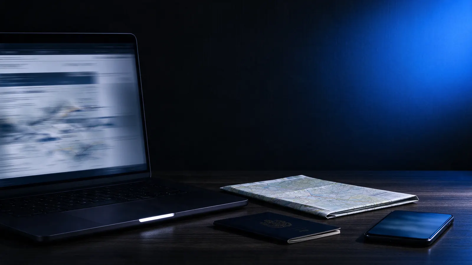 Notebook aberto com uma página desfocada na tela, ao lado de um mapa dobrado, um passaporte e um celular sobre uma mesa escura, com luz azul ao fundo