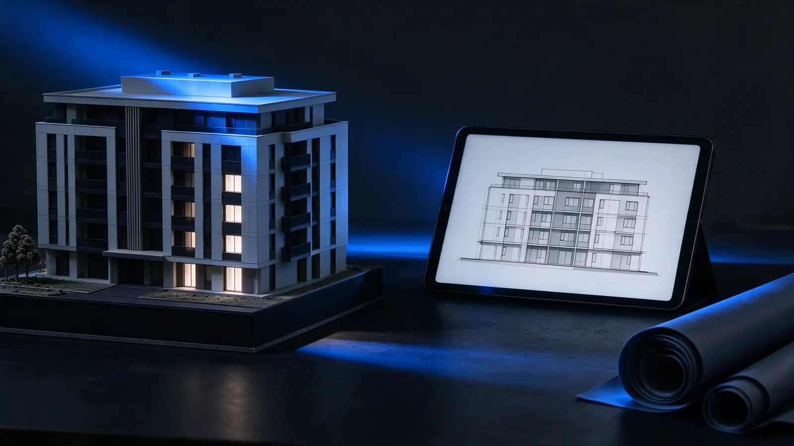 Maquete branca de um prédio residencial sobre uma mesa escura, iluminada por uma luz azul, ao lado de um tablet com o desenho da fachada e plantas enroladas