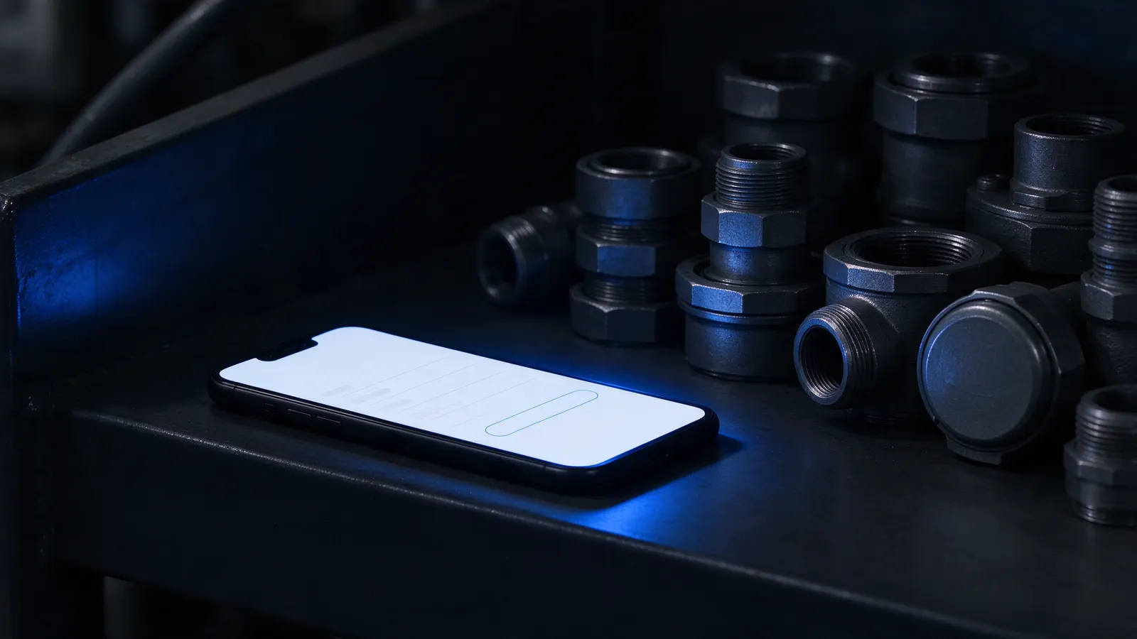 Celular de tela acesa com um formulário em branco sobre uma prateleira escura, ao lado de conexões e válvulas de metal, sob luz azul