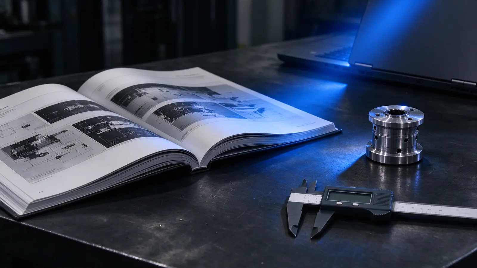 Catálogo técnico impresso aberto com desenhos de peças sobre uma bancada de aço escura, ao lado de uma peça usinada e um paquímetro digital, com um notebook ao fundo sob luz azul