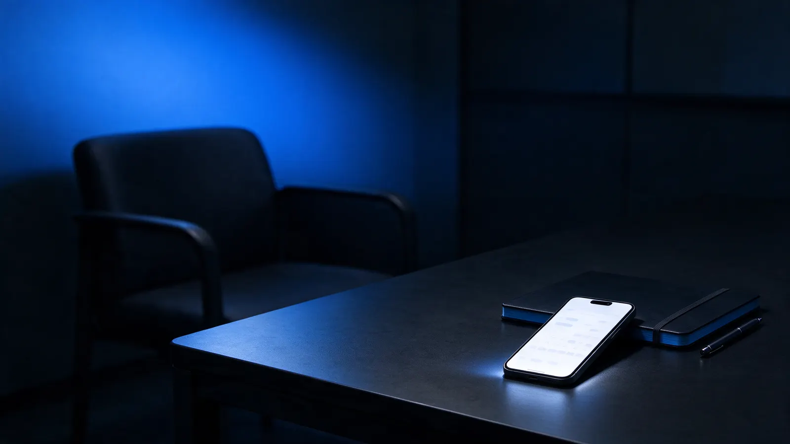 Dark office desk with a phone with its screen on, a notebook and a pen, and an empty armchair in the background under blue light