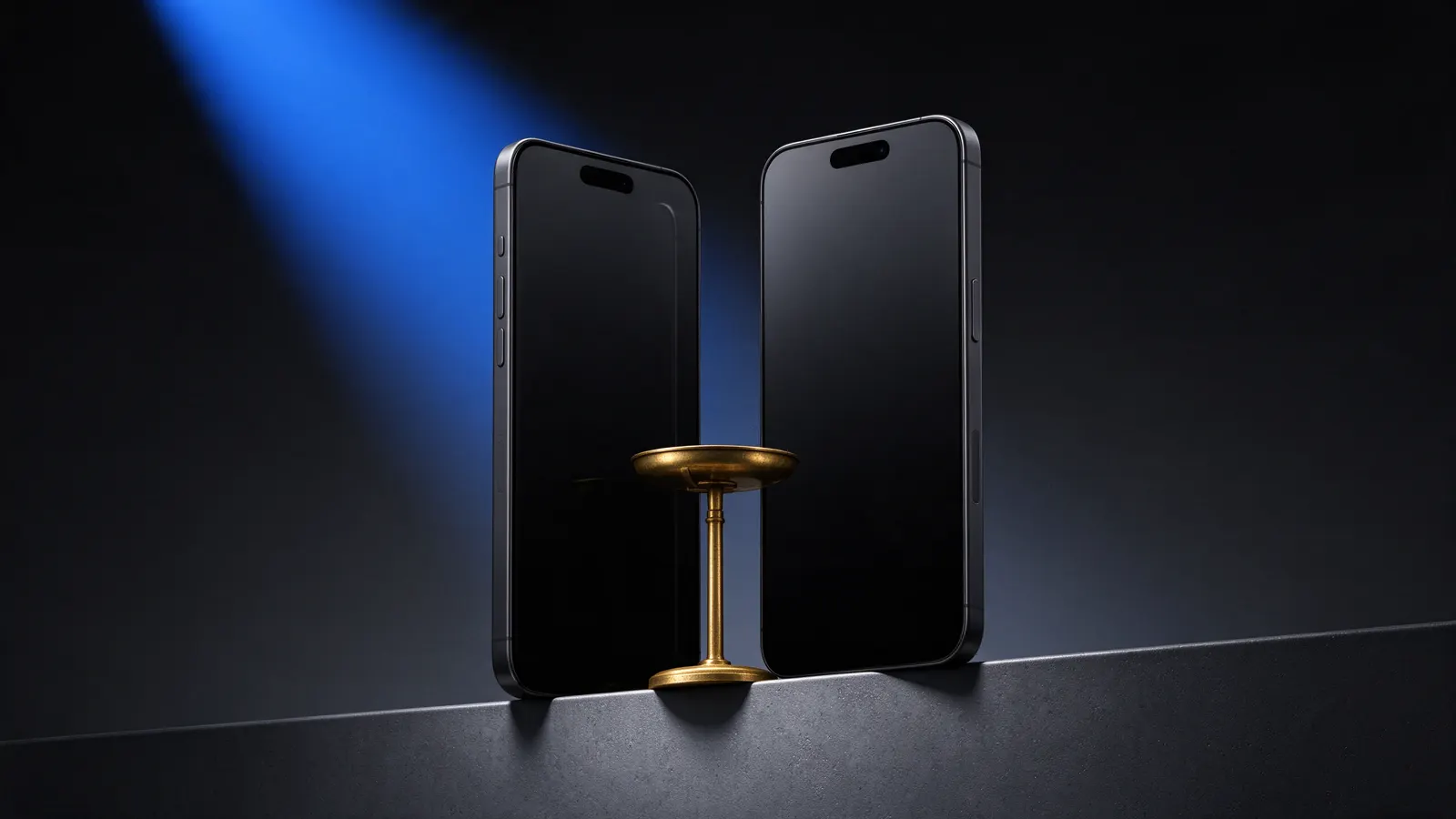 Dos celulares de pie, uno junto al otro, sobre un estante oscuro, con una pequeña balanza dorada entre ellos y un haz de luz azul al fondo