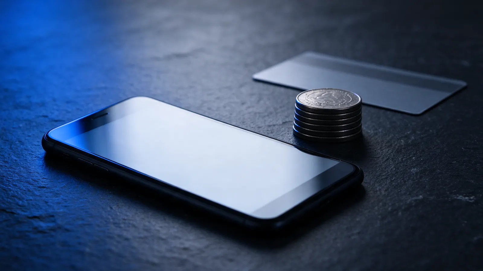 Celular con la pantalla apagada sobre una mesa de piedra oscura, junto a una pila de monedas y una tarjeta, bajo luz azul lateral