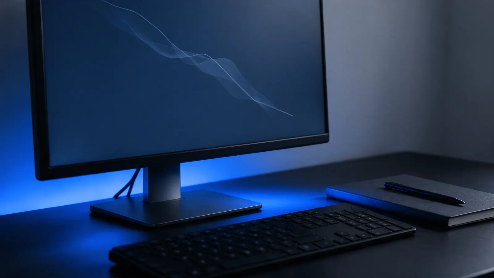 Monitor en una mesa oscura con una línea clara bajando por la pantalla, teclado y cuaderno con bolígrafo al lado, bajo luz azul