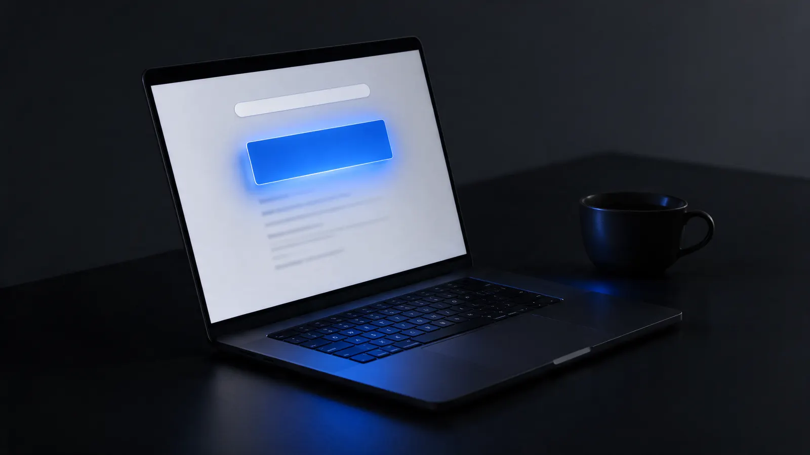 Portátil abierto en una mesa oscura con una página de búsqueda en pantalla, un bloque azul brillante sobre líneas de resultados borrosas y una taza negra al lado