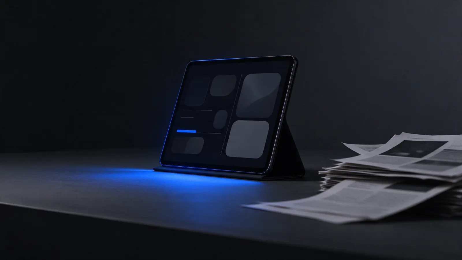 Tablet apoiado numa mesa escura mostrando um painel simples com blocos e uma barra azul, com uma pilha de folhas impressas deixada de lado