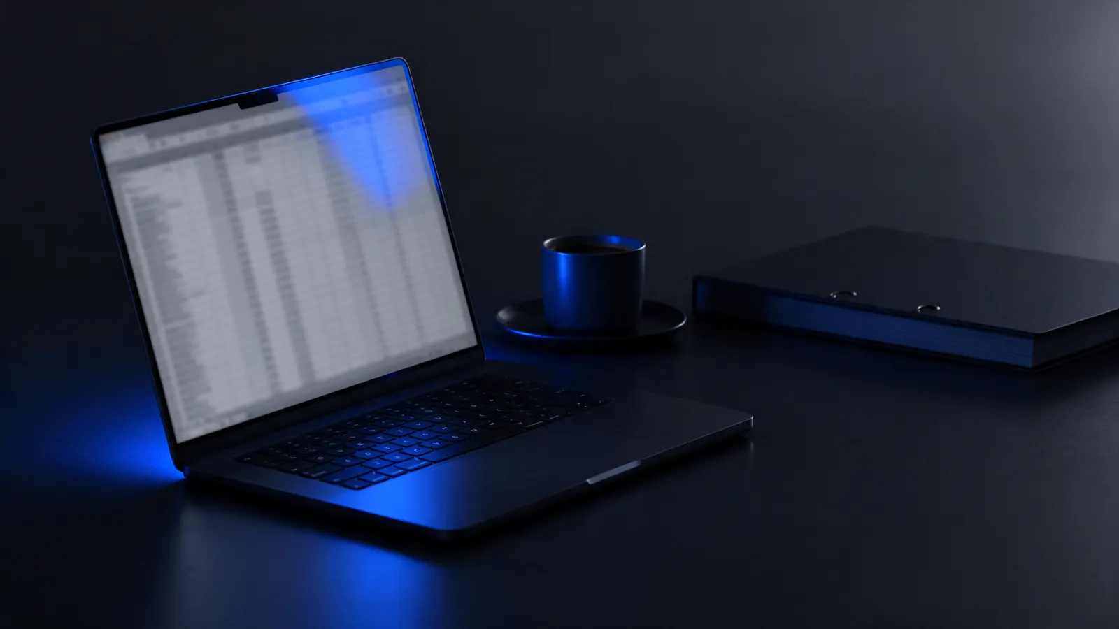 Notebook aberto numa mesa escura mostrando uma planilha cheia de linhas, iluminado por uma luz azul, ao lado de uma xícara e de uma pasta fichário fechada