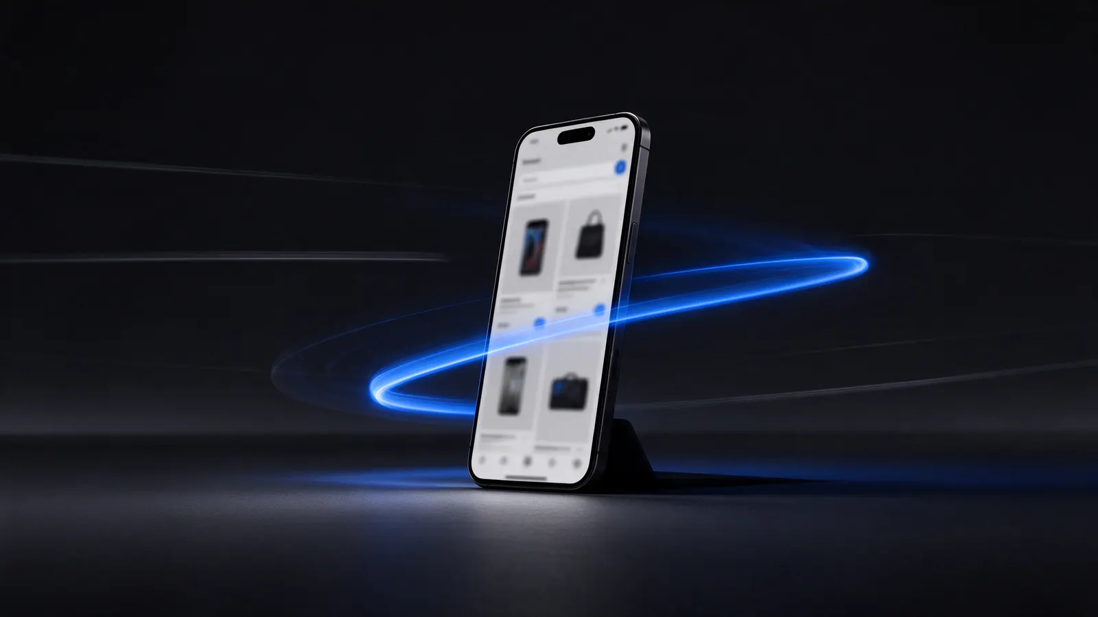 Celular com uma loja virtual na tela e rastros de luz em movimento