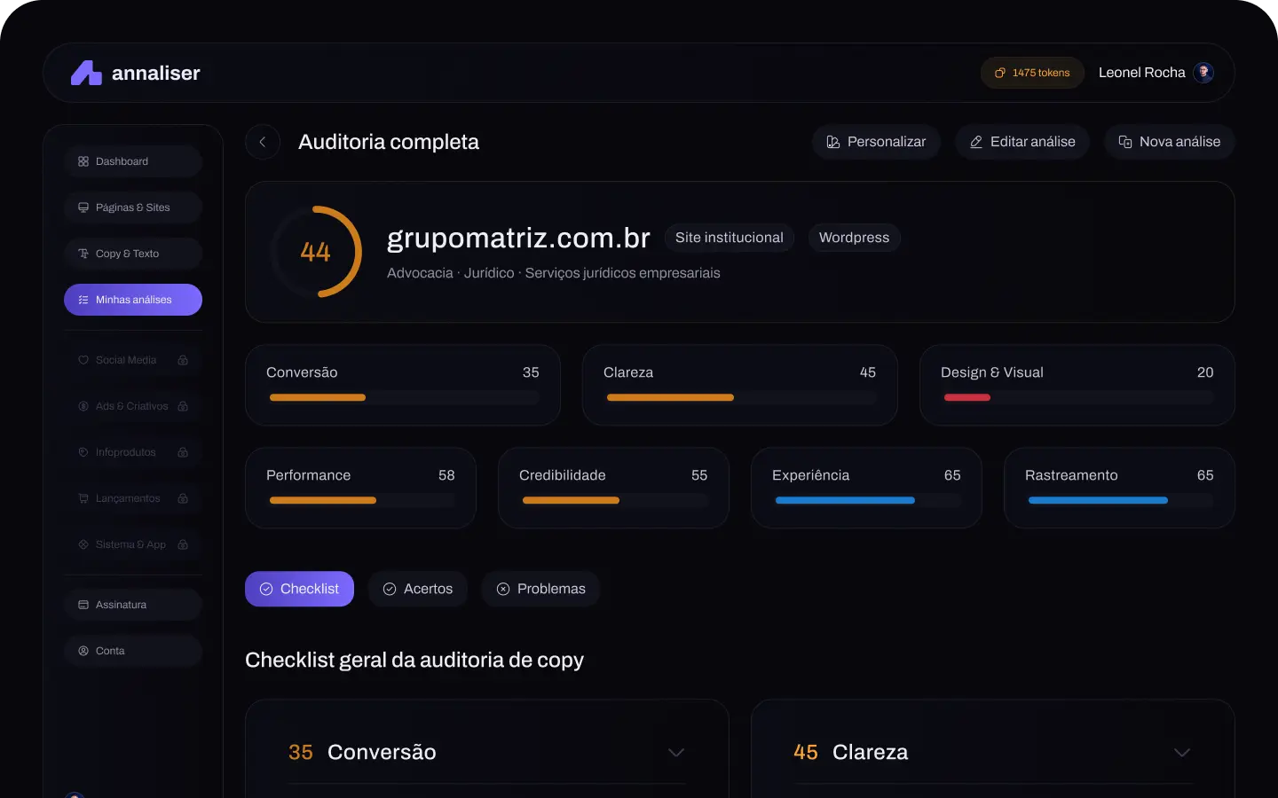 O resultado: nota geral e problemas por categoria.