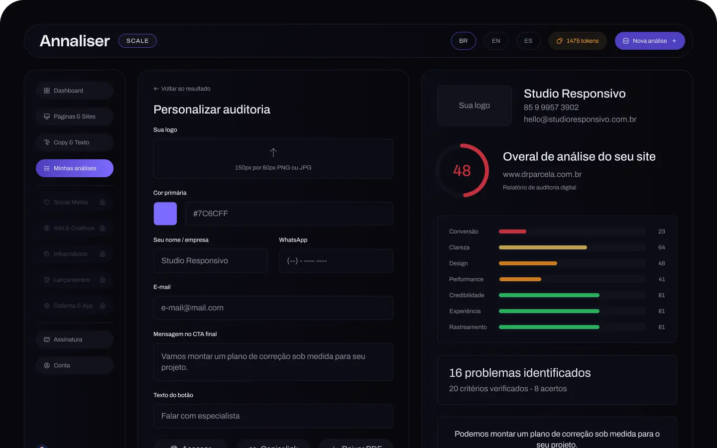 Relatório personalizado com a marca de quem auditou.