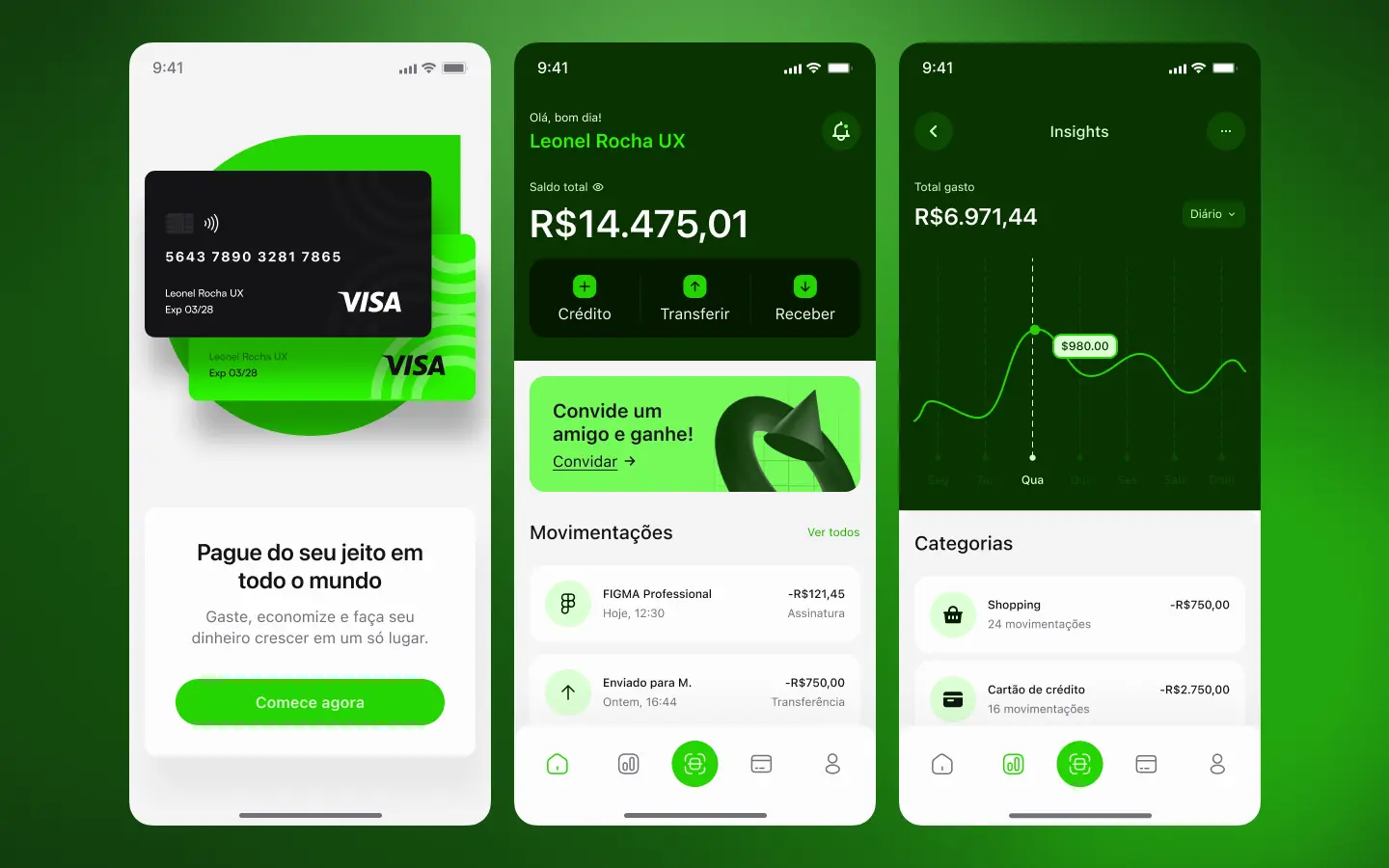 Saldo, cartões e categorias.