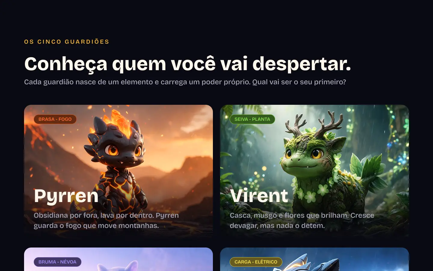 Seção dos guardiões: um card por elemento.