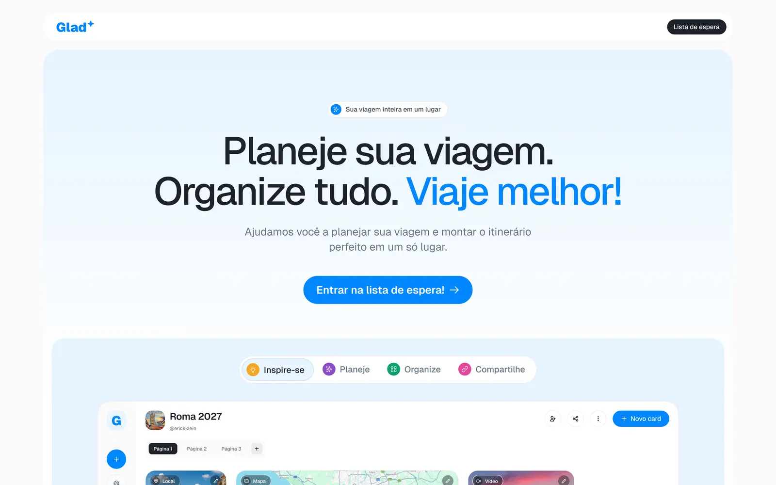 O topo da landing e o chamado para a lista de espera.