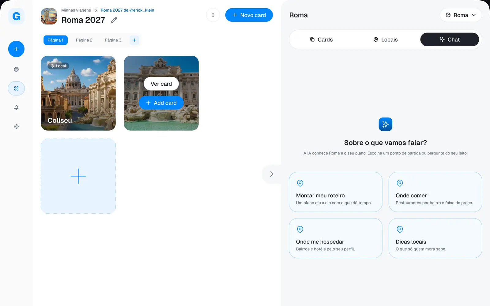O espaço da viagem com o chat de IA.