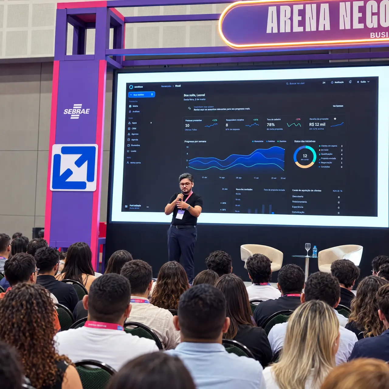 Leonel Rocha speaking on the SEBRAE stage, with a dashboard on the big screen